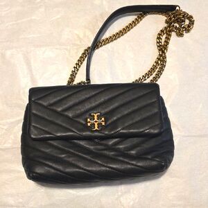 Tory Burch Black Quilted Leather Shoulder Bag with Gold Chain